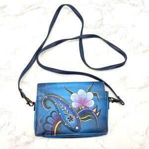 Anna Anuschka Hand Painted Leather Bag Crossbody Purse Blue Floral Flower Clutch